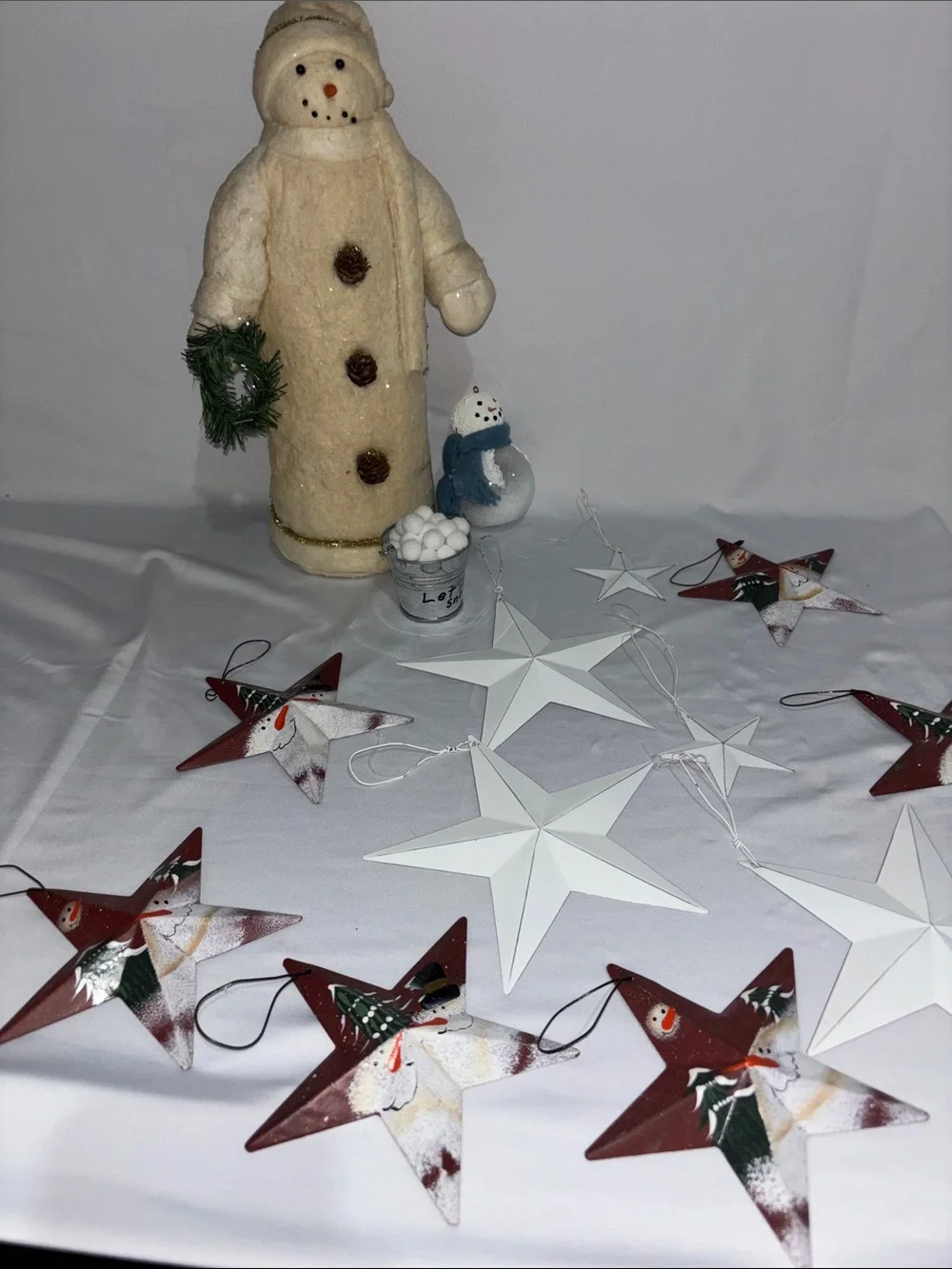 Holiday Snowman and Star Ornament Set - Cream and White